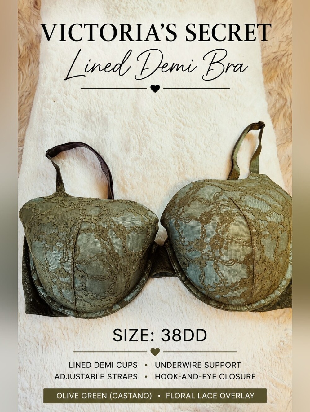 Victoria's Secret Lined Demi Bra 38DD Olive Green Lace Aqua Satin Underwire